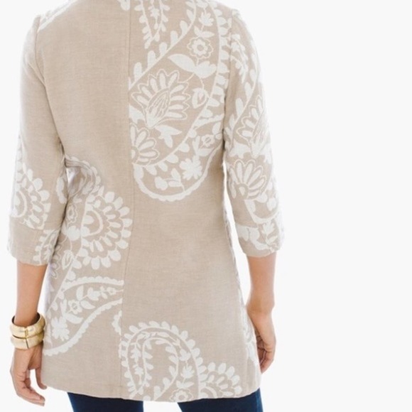 Chico's Tan and White Linen Paisley Print 3/4 Sleeve Long Jacket Size Medium - Picture 2 of 8